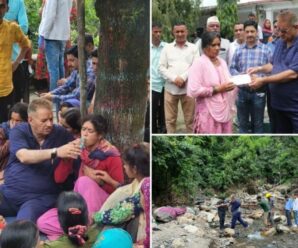 Cabinet Minister Ganesh Joshi distributed checks of relief amount to the disaster affected.