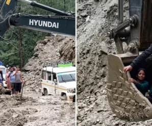 Villagers Risk Lives, Use Excavator Bucket To Cross Landslide-Hit Road In Uttarakhand